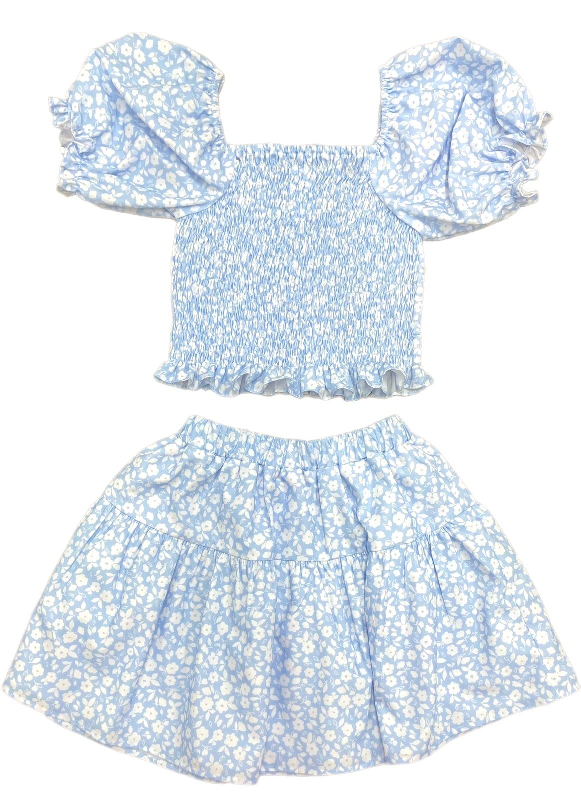 BE Elizabeth - Blue Floral Skirt/Puff Sleeve Top Set