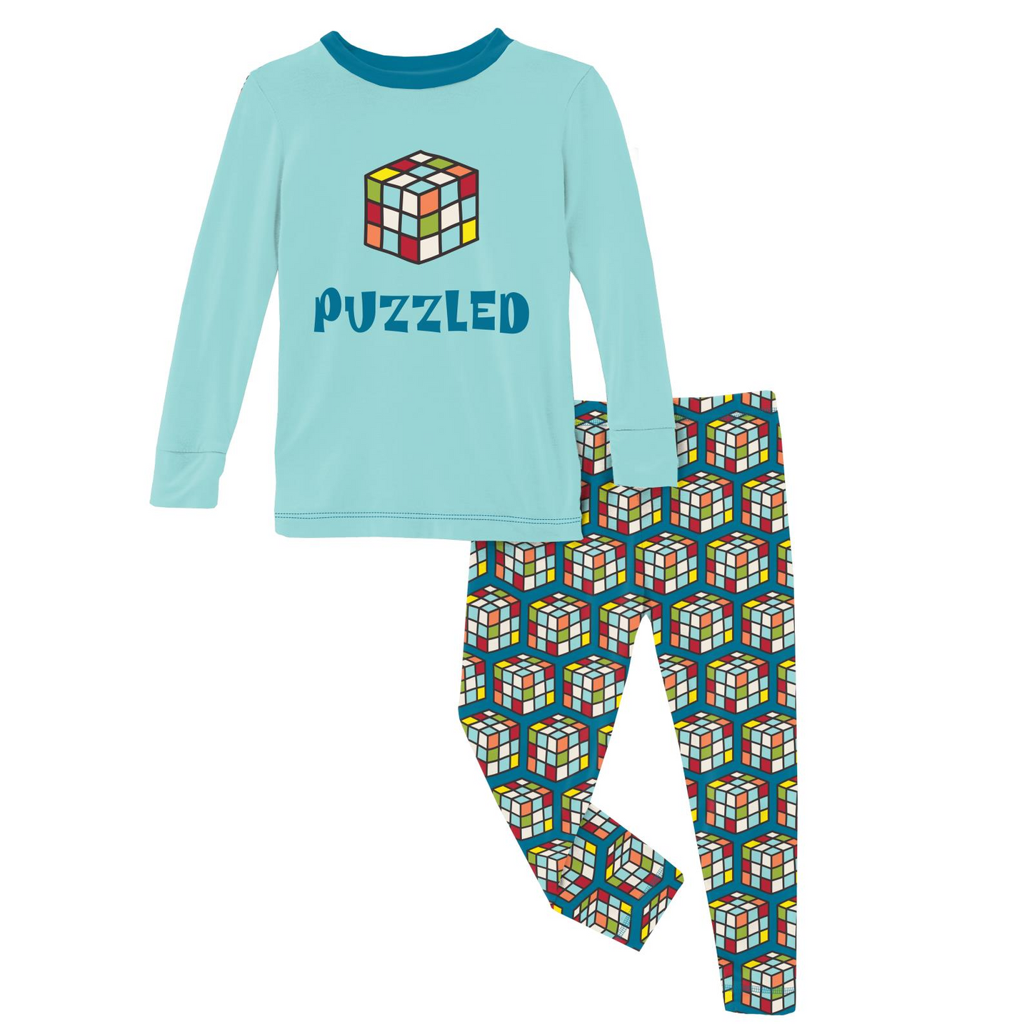 Kickee Pants - Long Sleeve Graphic Tee Pajama Set Cerulean Blue Puzzle Cube