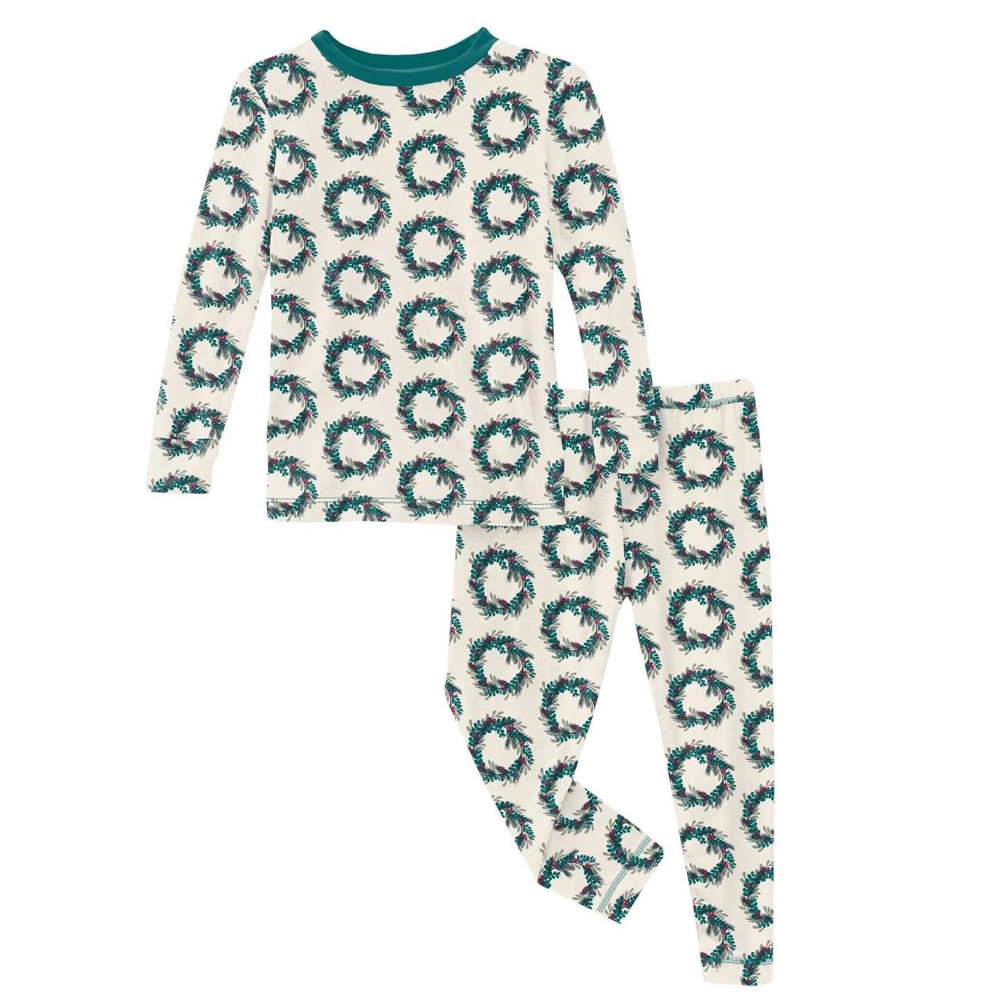 Kickee Pants - Print Long Sleeve Pajama Set Natural Holiday Wreath