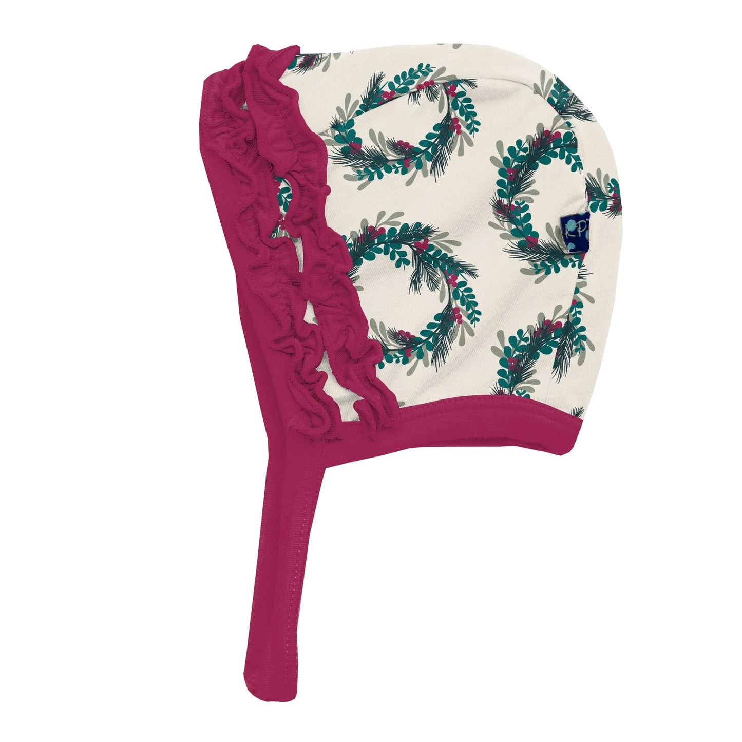 Kickee Pants - Print Ruffle Bonnet Natural Holiday Wreath