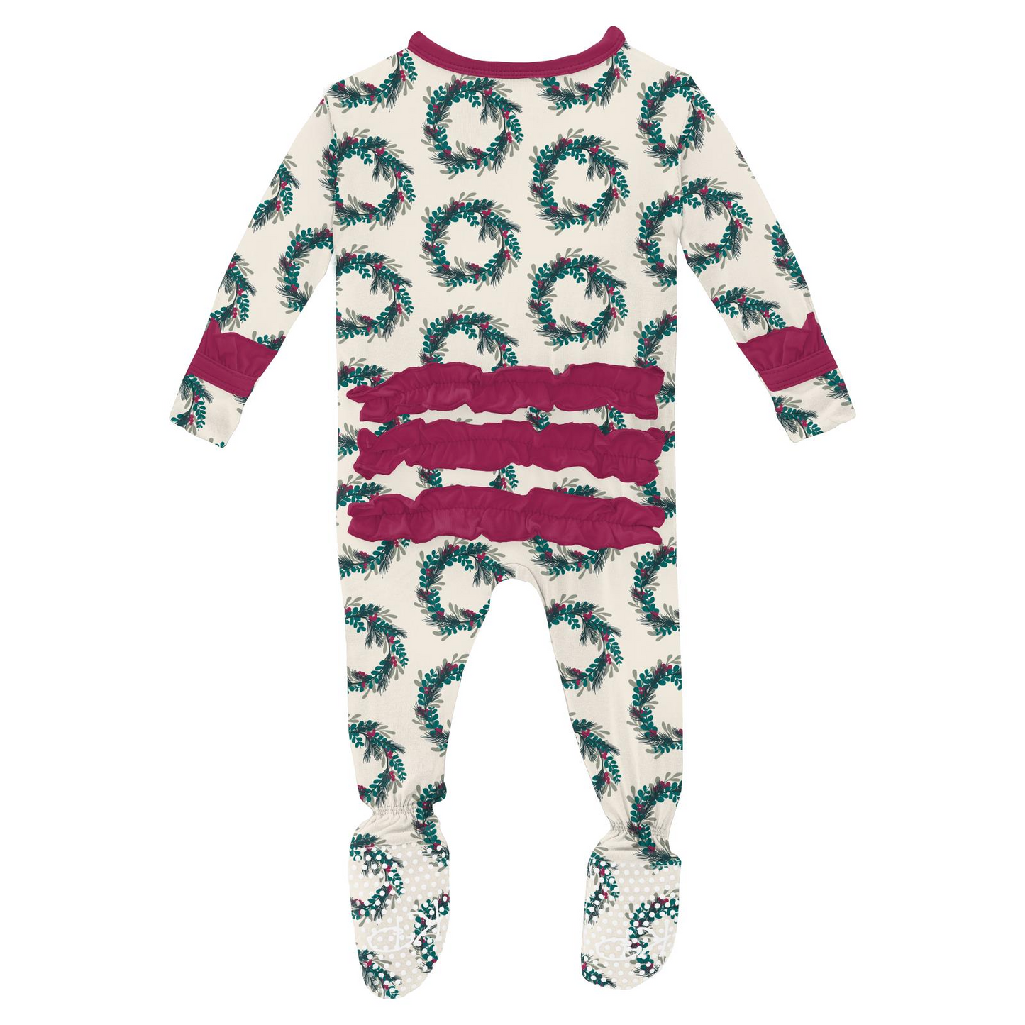 Kickee Pants - Print Classic Ruffle Footie Natural Holiday Wreath