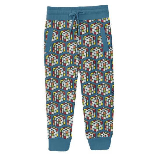 Kickee Pants - Print Fleece Joggers Cerulean Blue Puzzle Cube