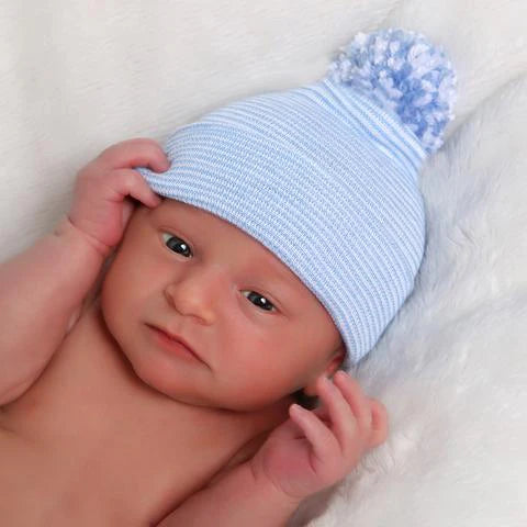 ILYBean - Blue & White Striped Pom Newborn Hat