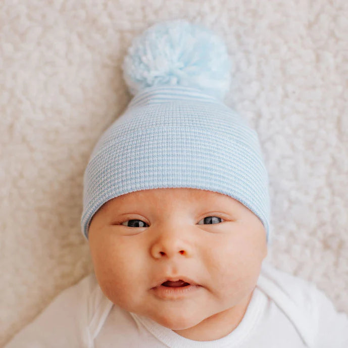 ILYBean - Blue & White Striped Pom Newborn Hat