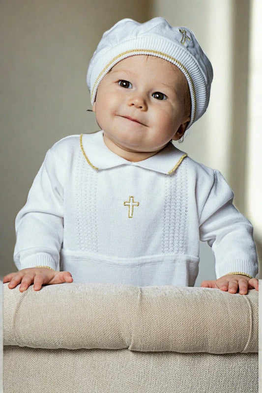 Carriage Boutique - Boys Romper Gold Cross Detailing