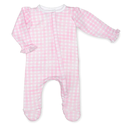 Lavender Bow - Pink Gingham Ruffle Footie