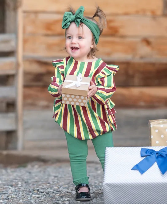 RuffleButts - Jolly Stripe Woven Flutter Bubble Romper