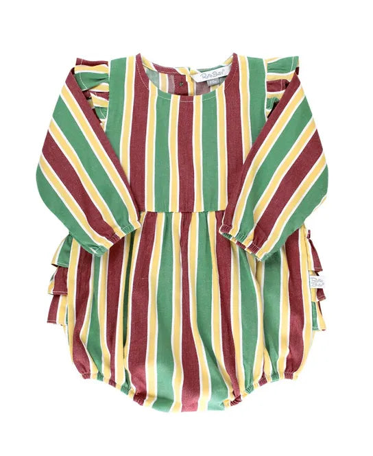 RuffleButts - Jolly Stripe Woven Flutter Bubble Romper