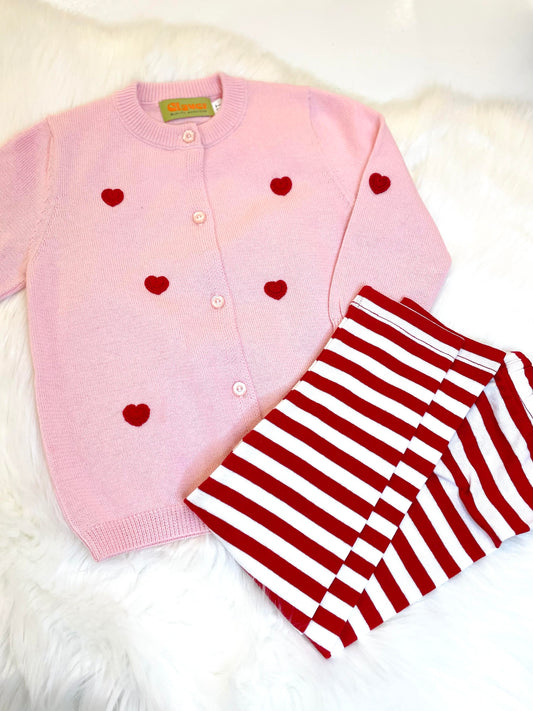 Claver - Pink Crochet Heart Cardigan/Striped Legging Set