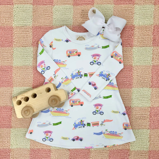 TBBC - Long Sleeve Polly Play Dress Happy Travels