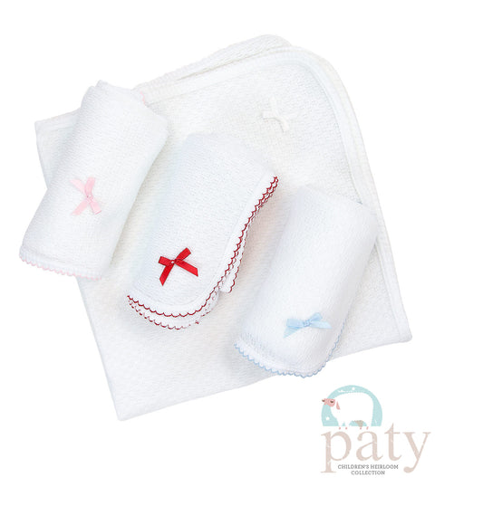 Paty - Receiving Blanket White/Pink Trim & Bow
