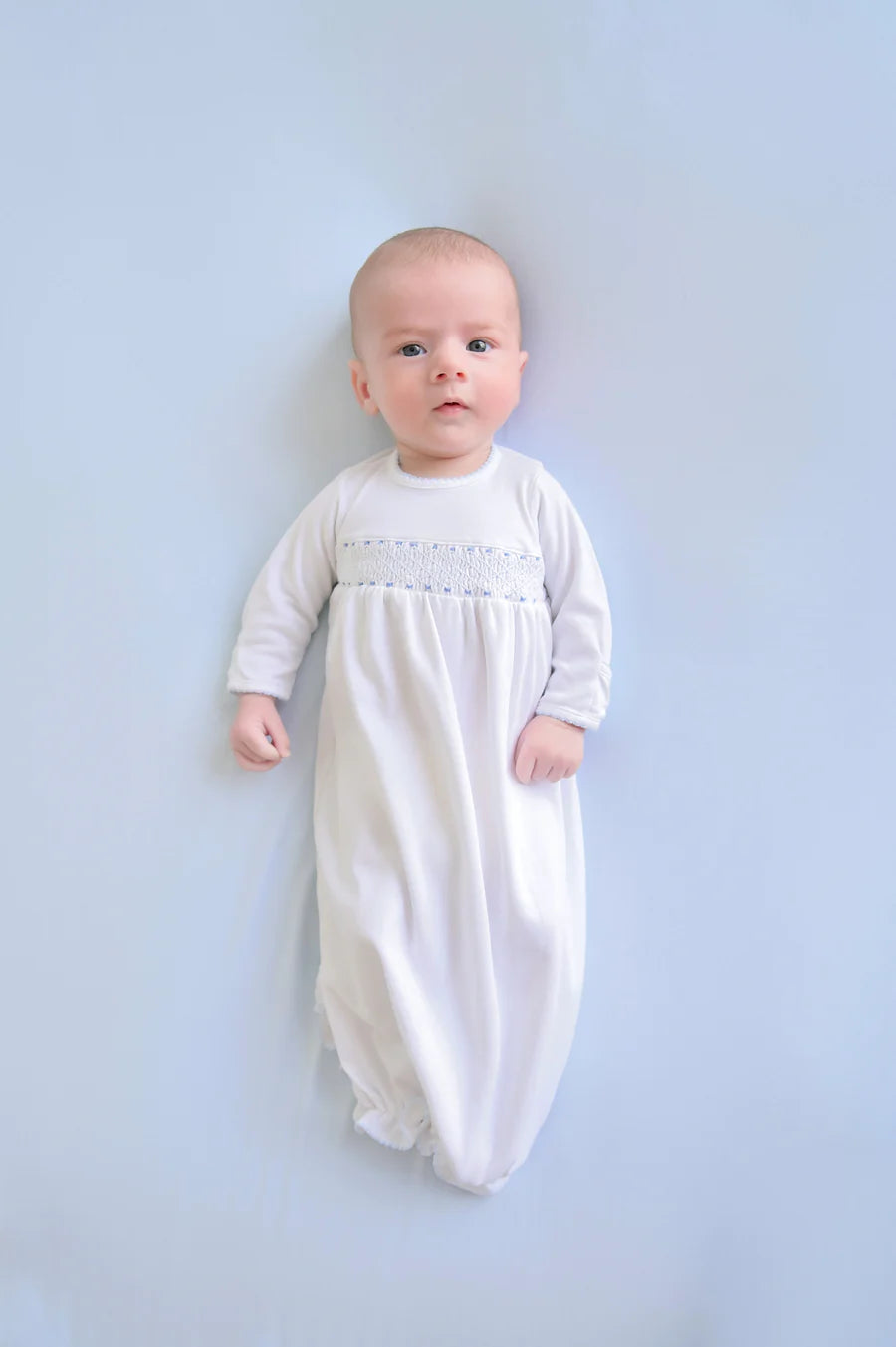 TBBC - Sweetly Smocked Greeting Gown White/Buckhead Blue