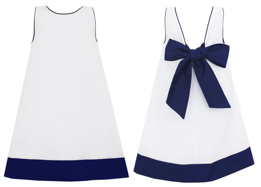 Claire & Charlie - White Dress/Navy Bow Back