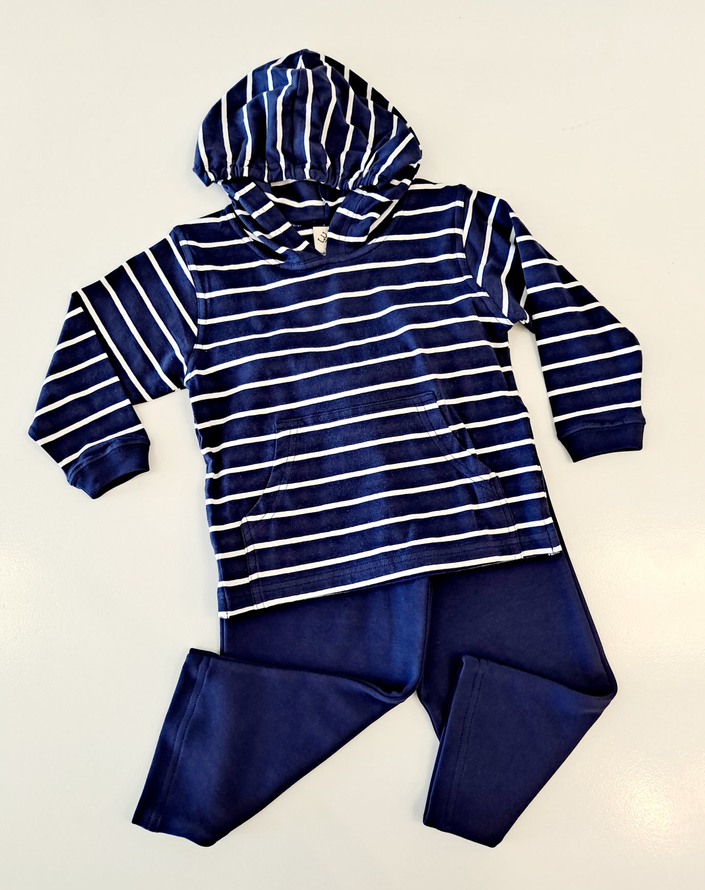 Luigi Kids - Striped Hooded Sweatshirt/Solid Navy Pant Set