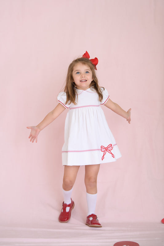 Lullaby Set - Audrey Dress White Cord/Red Bow