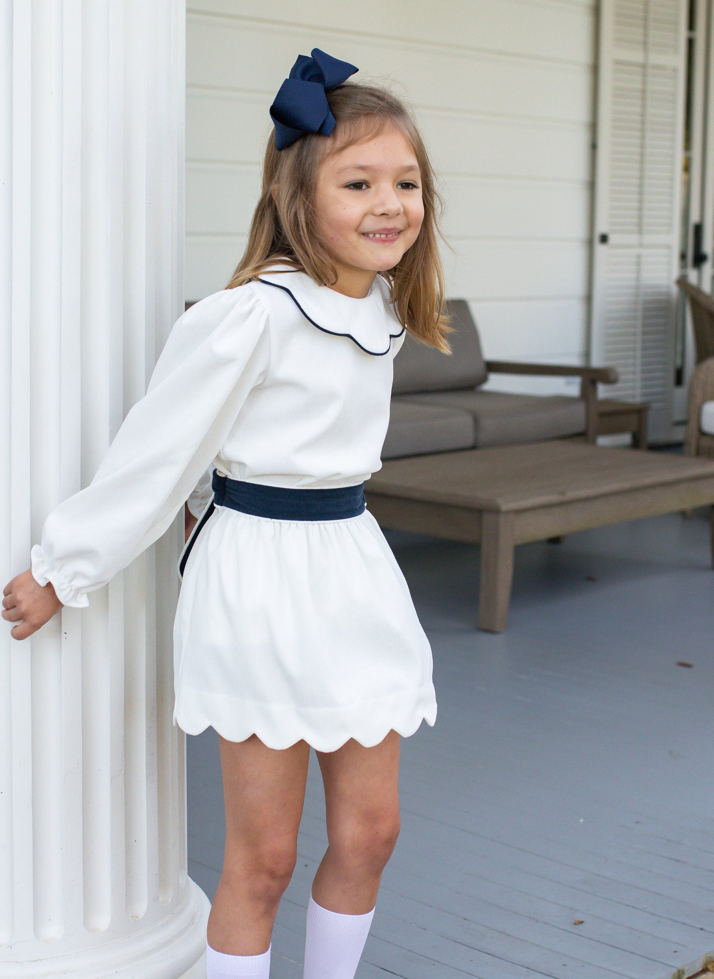 Lullaby Set - Scarlett Skirt Set White Cord/Navy Piping