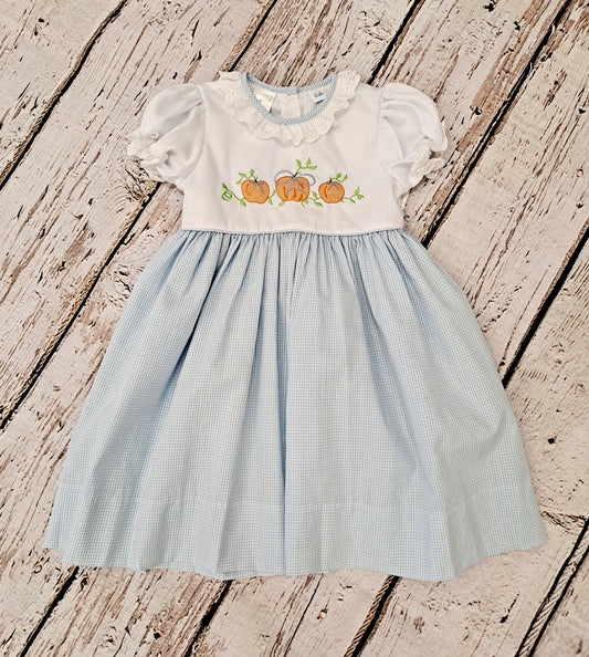 Lulu Bebe - Pumpkin Embroidered Dress Blue Ribbons