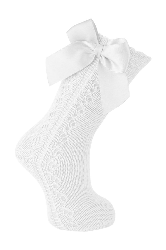 Carlomagno - Scottish Yarn Openwork Bow Knee High Socks White