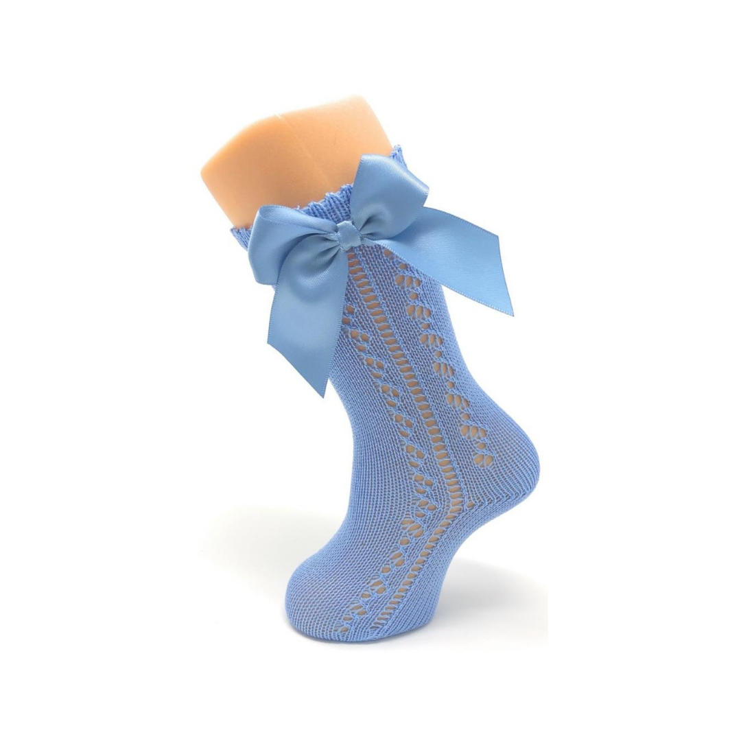 Carlomagno - Scottish Yarn Openwork Bow Knee High Socks Blue