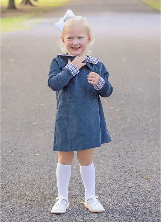 James & Lottie - Amelia Dress Navy Cord with Blue Plaid Cuffs & Collar