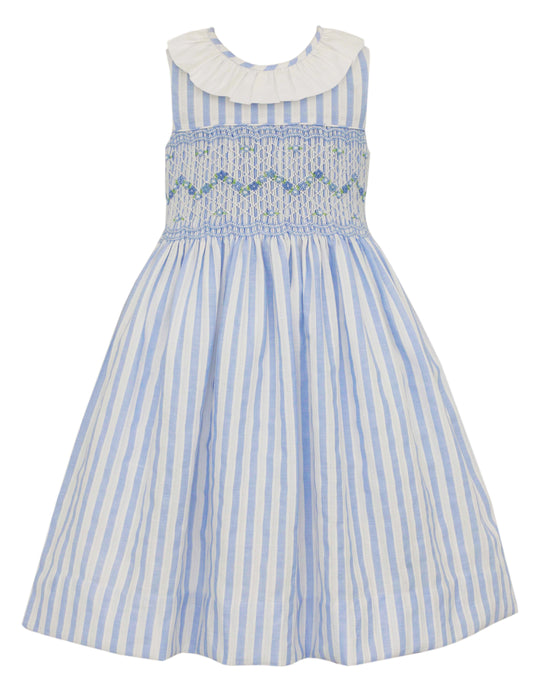 Anavini - Blue and White Stripe Dress Ruffle Collar