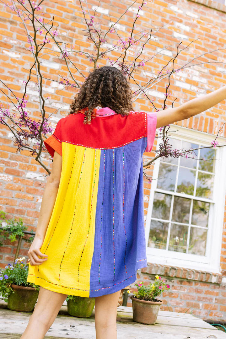 Queen of Sparkles - Rainbow Colorblock Gauze Button Down Dress